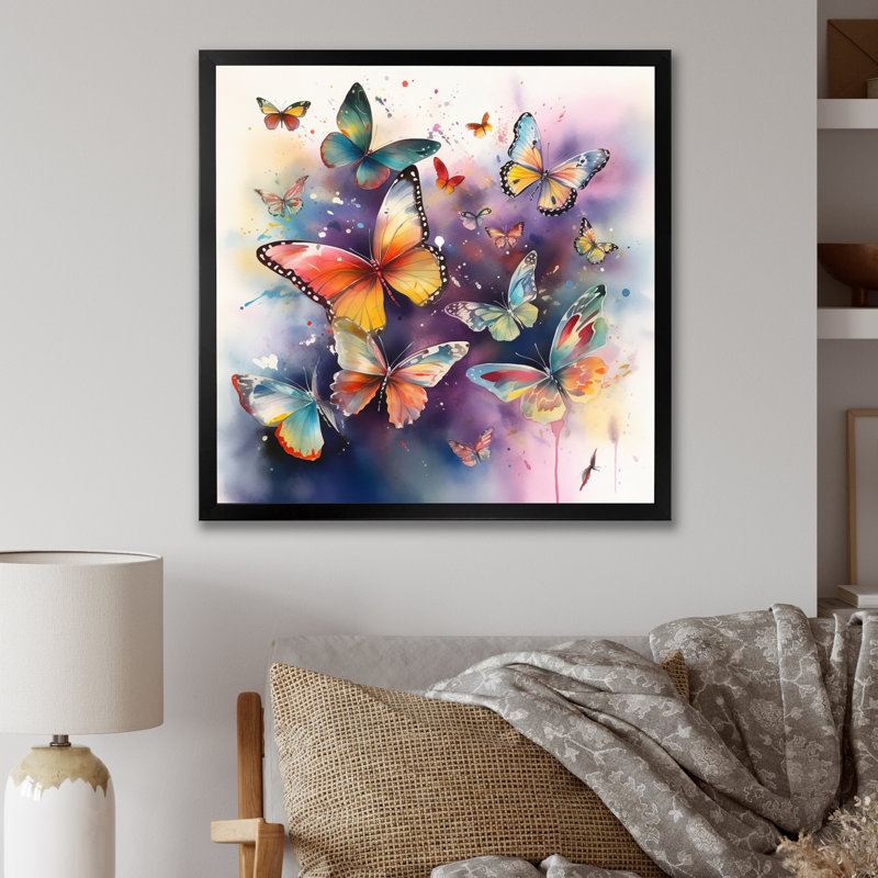 «Purple Butterflies In The Air», reproduction d'art sur toile, H 36 po x l 36 po, Cadre photo noir