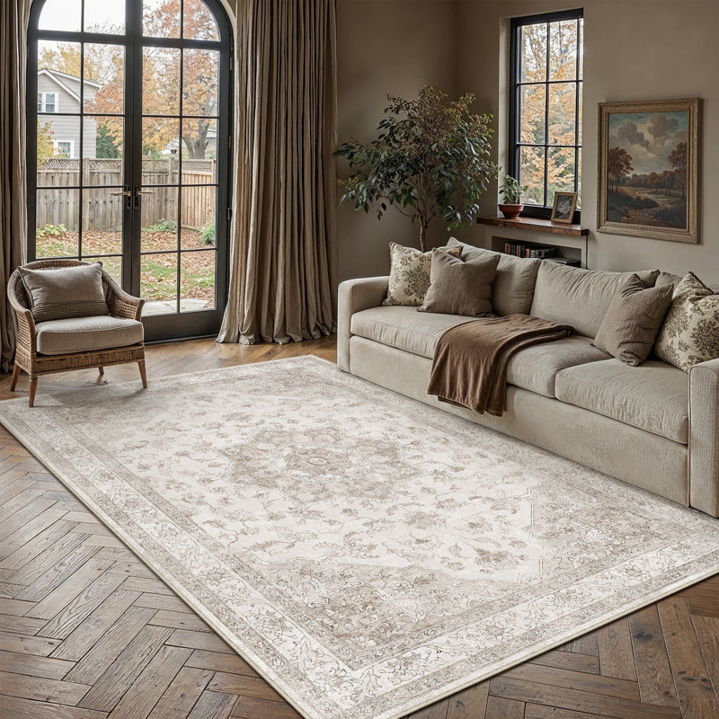 Stella Machine Washable Oriental Area Rug, Ivory, Rectangle 10' x 12'