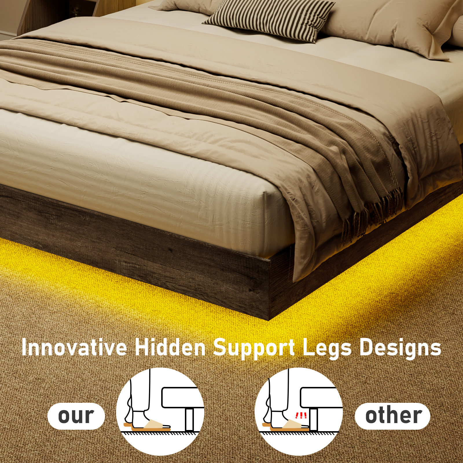 Keynen Farmhouse Floating Bed Frame with LED Light and Headboard