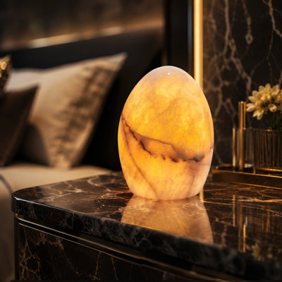 Natural Peach Jade Egg Marble Touch Table Lamp, Rechargeable Cordless Warm LED Night Light with 3-Level Dimmable Brightness, Portable Decorative Ambient Accent Lamp for Indoor & Outdoor Use