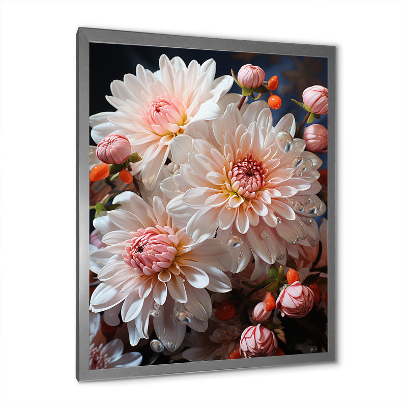 Rose et blanc, floraison de chrysanthèmes, art mural - Chrysanthèmes, Cadre photo argenté, H 32 po x l 16 po x P 1 po