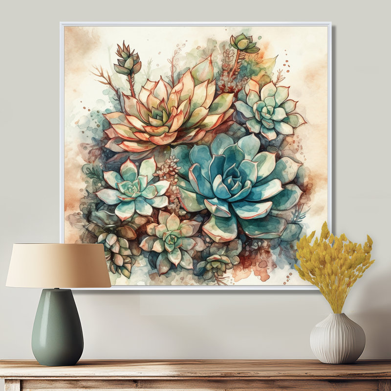 «Haasini Green Red Cactus Scenery II», reproduction sur toile, H 16 po x l 16 po, Cadre flottant blanc