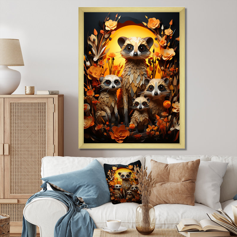 " Orange Black Meercat Community Papercut ", Gold Picture Framed, 44" H x 34" W x 1.5" D