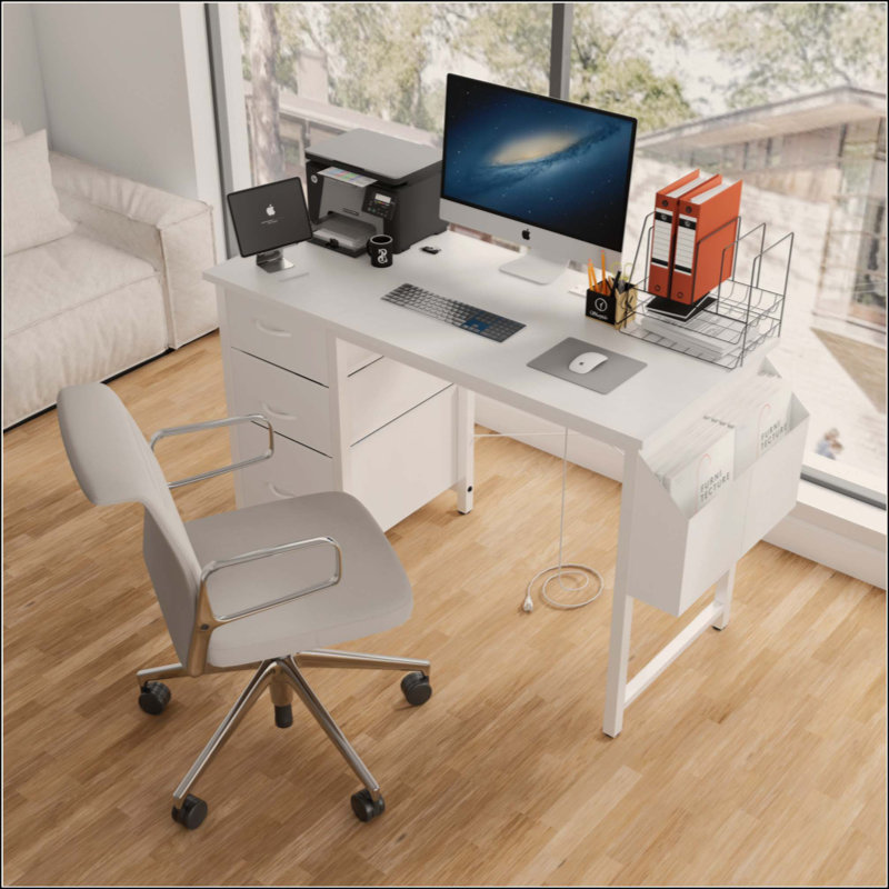 Bureau avec prise de courant, 3 tiroirs, poche latérale, bureau d'étude facile à assembler, cadre stable et réversible pour bureau à domicile, bureau d'ordinateur d'entreprise, table de jeu, coiffeuse