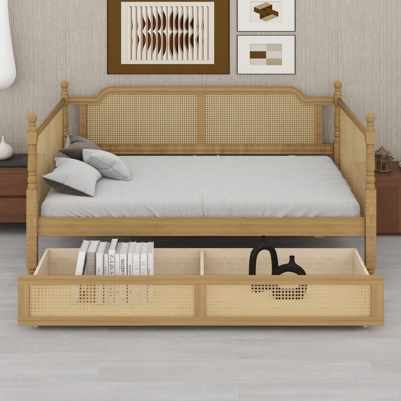 Traditional Style Rattan Daybed with 2 Drawers, Perfect for Limited Space and Guest Rooms, Antique Walnut