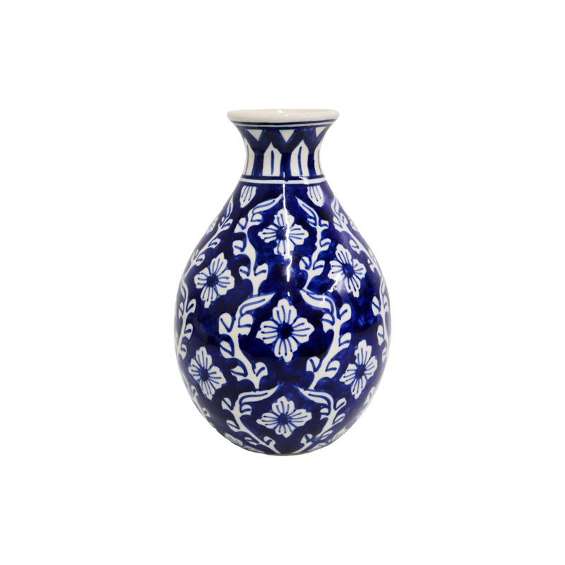 Home&Manor Ceramic Bottle Vase Blue/White, Blue/White