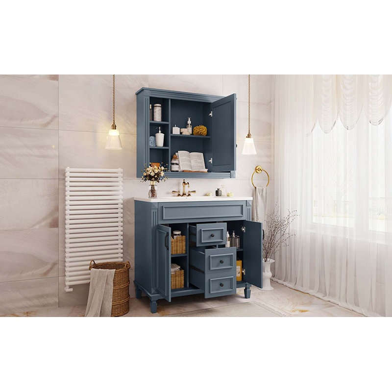 Meuble-lavabo moderne avec lavabo simple avec 2 portes, 2 tiroirs et armoire à miroir, Bleu