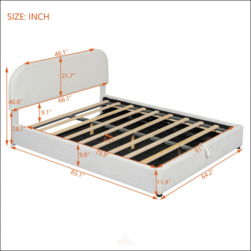 Grand lit plateforme tapissier Teddy, Blanc, Grand lit