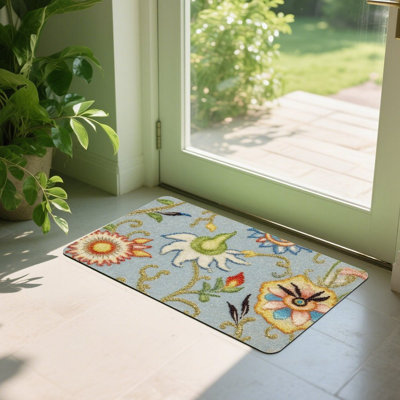 Light Blue Floral Embroidery Doormat, 24L x 36W, for Entrance Porch