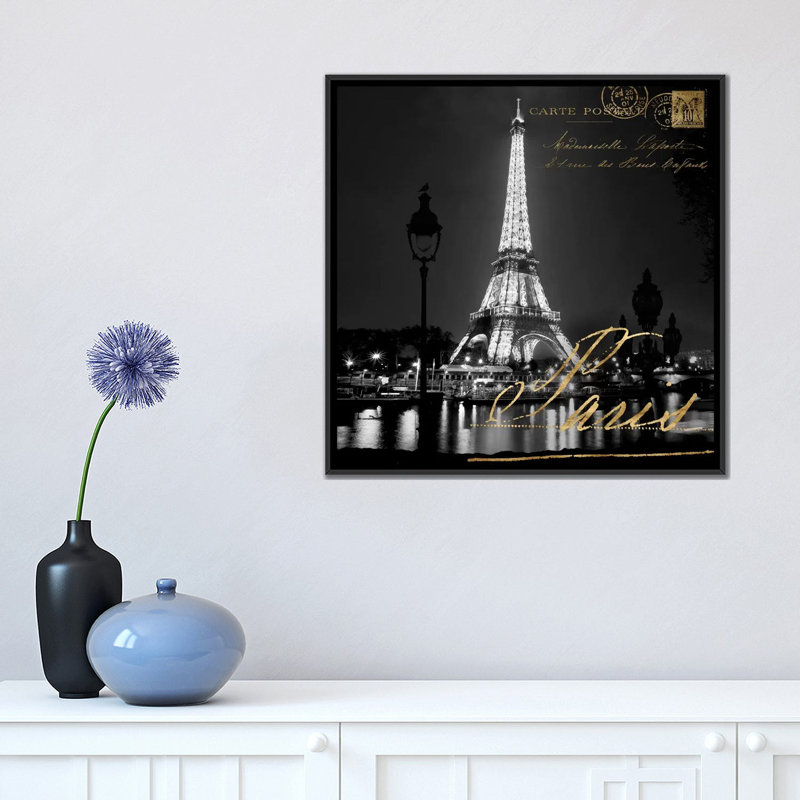 «Paris At Night» par Kate Carrigan, reproduction sur toile tendue, H 16 po x l 16 po x P 1 po, Papier avec cadre noir, Blanc