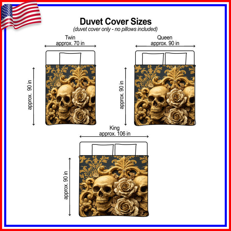 Gold Skulls Roses Duvet Covers, Queen