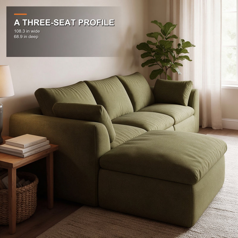 Canapé 3 places en lin vert avec pouf, ensemble de canapé moderne rembourré
