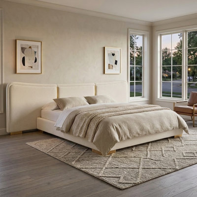 King Size Upholstered Platform Bed With Extra Wide Curved Headboard, Soft Chenille Fabric Bed Frame With Gold Metal Legs
