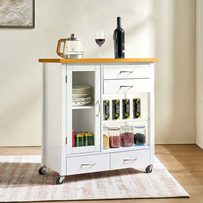 Buffet de cuisine à roulettes blanc avec plateau en bois de noyer, tiroirs de rangement et tablettes ouvertes pour ou chariot de salle à manger en surface, tiroirs mobiles sur roulettes, armoire de cuisine vitrée