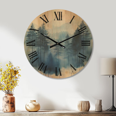 Misty Blue Pines - Forest Oversized Wall Clock, Printed on Wood