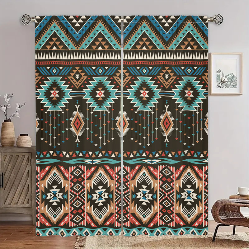 2Pcs Southwestern Tribal Print Curtains Rod Pocket Mount Digital Printing Curtain Polyester Material Bohemian Aztec Pattern Window Drapery Navajo Design For Living Room Bedroom Kitchen Dining Home Decor