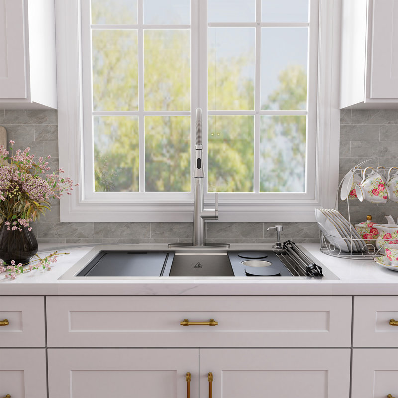 33" L x 22" W Farmhouse Kitchen Sink with Faucet, Grid Cutting Board Draining Baskets, Brushed Nickel
