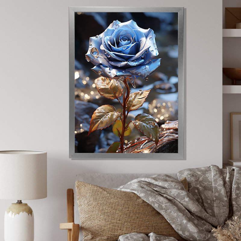 «Blue Serene Rose Water's Edge Harmony I» - art mural rose, Gold Picture Framed, H 40 po x l 30 po