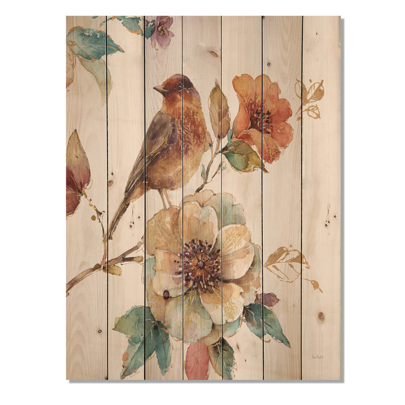 Oiseau de ferme sur une branche de fleur - impression traditionnelle sur bois de pin naturel, H 32 po x l 24 po x P 1 po