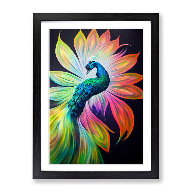 Bold Peacock Art No.1 - Wall Art, Black Framed, 36cm H x 27cm W x 2cm D, White