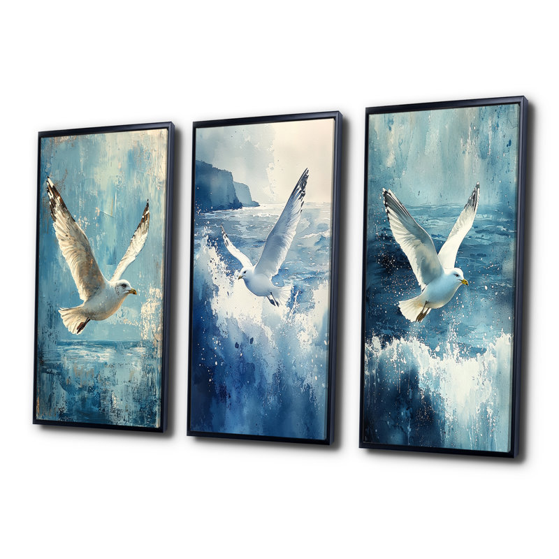 Mouette dans la brise I - Collection de décorations murales oiseaux, H 28 po x l 36 po, Impression encadrée flottante, Noir