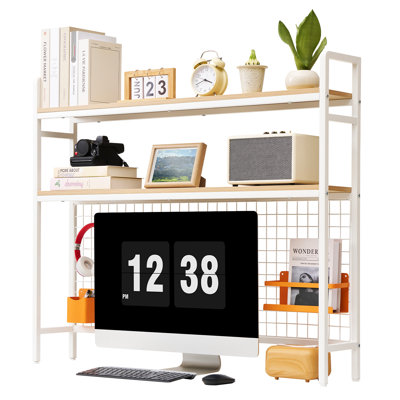 Étagère de bureau à 3 niveaux avec structure en grille, rangement blanc pour comptoir, cadre en métal et étagères en bois, pieds antidérapants, idéale pour les dortoirs, les maisons et les bureaux.