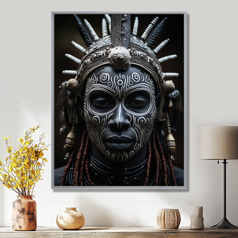 Masque africain Kiyansh Tribu V - imprimé, H 32 po x l 16 po x P 1 po, Encadrement argenté