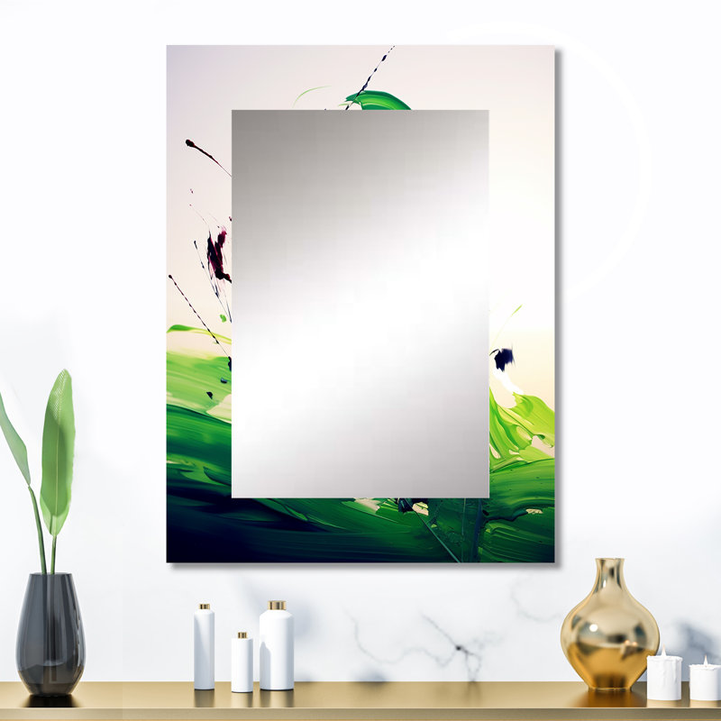 Green And White Abstract Ink Expression IV - Modern Rectangular Wall Mirror, 32" x 24"