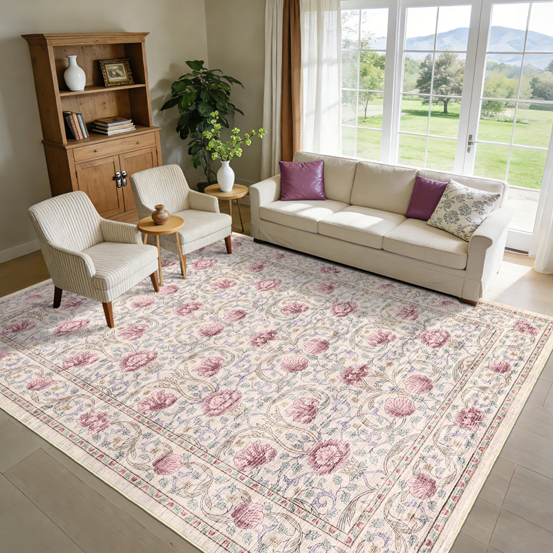 Vintage Floral Machine Washable Area Rug Easy Care Low Pile Non Slip Soft Indoor Carpet for Living Room Bedroom Office Home Decor