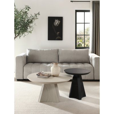 Table basse ronde en chêne blanc 35,4 po avec pieds triangulaires sculptés