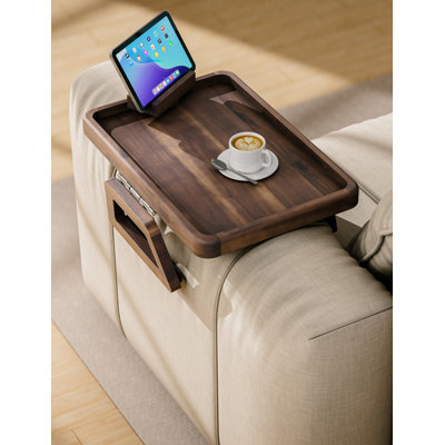 Acacia Couch Arm Table With Phone Holder - Wooden Sofa Armrest Tray - Clip-on Tray For Wide Couch - Side Table For Eating & Drink