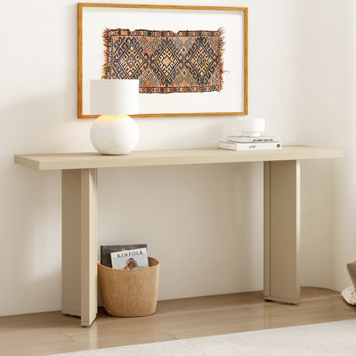 Élégante console avec plateau en placage de pin et pieds géométriques