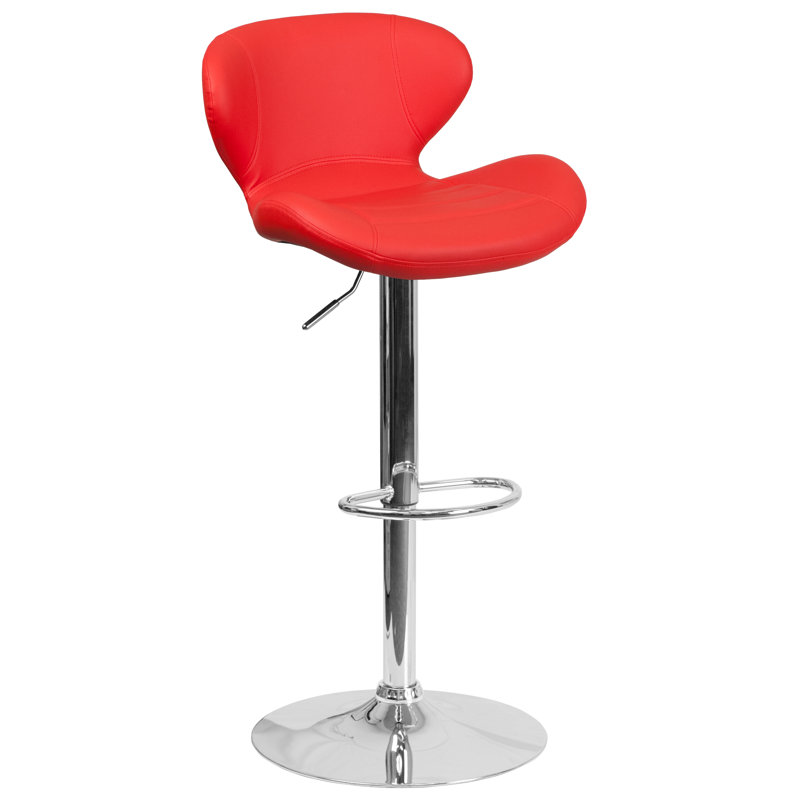 Guajardo Contemporary Vinyl Adjustable Barstool with Curved Back & Chrome Base, Red