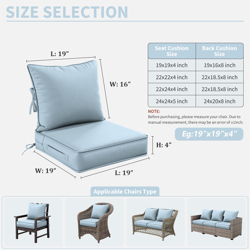 Outdoor Deep Seating Cushion Set Indoor And Outdoor Seat / Back Cushion, Available In 4 Sizes, Sky Blue, 19" H x 19" W