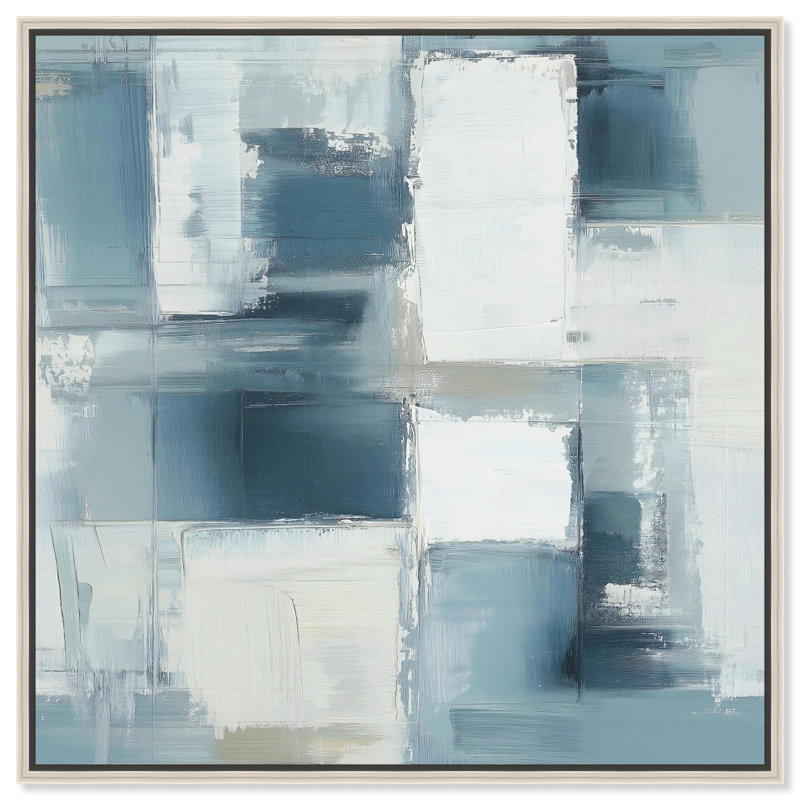 Art abstrait bleu déconstruit par I , H 41 po x l 41 po, Encadrement argenté
