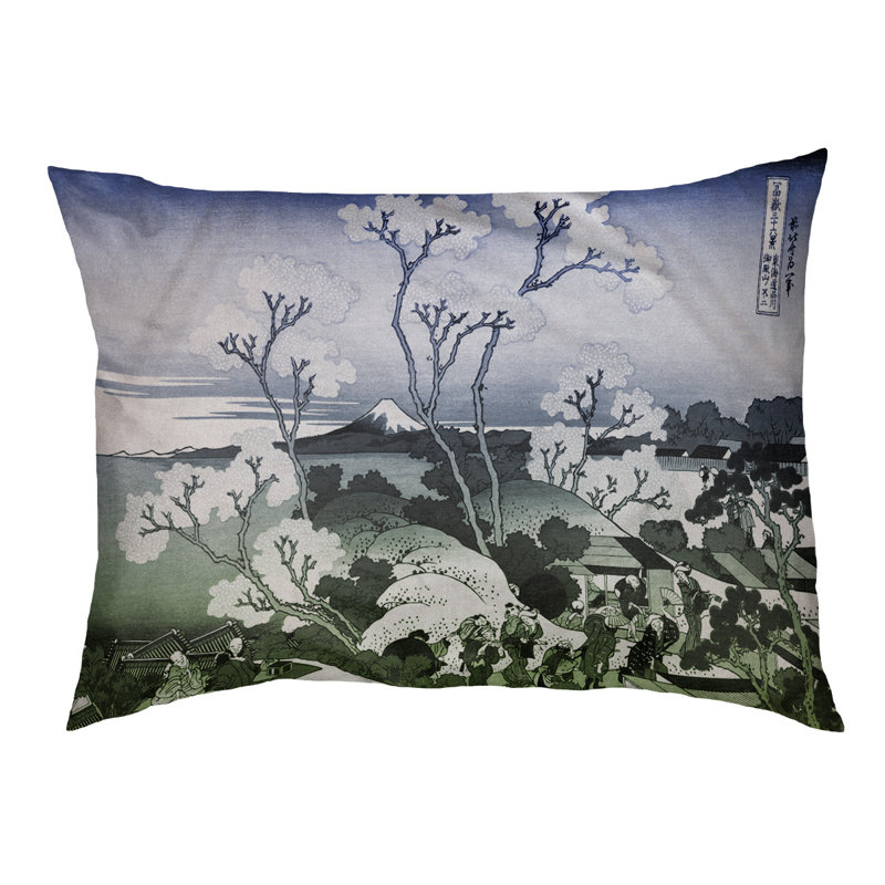 Coussin stylisé mountain fuji through the cerise Burkart, L 19,5 po x l 29,5 po, Bleu / vert / brun foncé