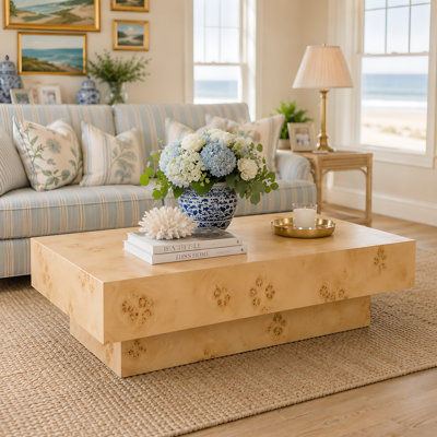42" Natural Burl Veneer Coffee Table with Pedestal Base, Modern Organic Living Room Center Table