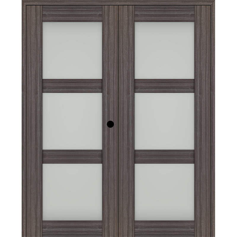 Double porte pré-montée intérieure en bois manufacturé et en verre givré Palladio 3 Lite, 64 po x 84 po, Blanc noble, Gauche