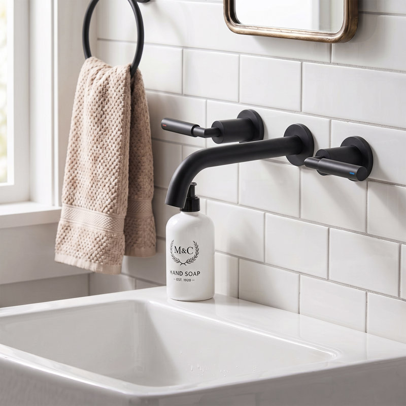 Modern Wall Mounted 2-handle Bathroom Sink Faucet in Matte Black, Solid Brass, Matte Black, Without Drain Assembly