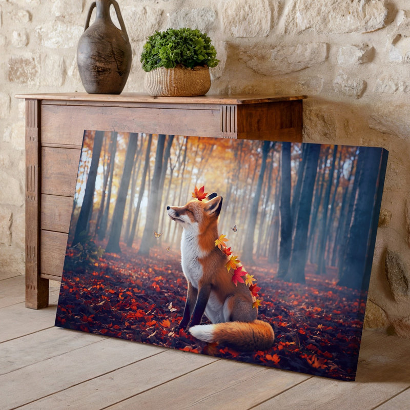Toile, scène animée sereine avec un renard assis gracieusement au milieu d'un art mural, H 18 po x l 24 po
