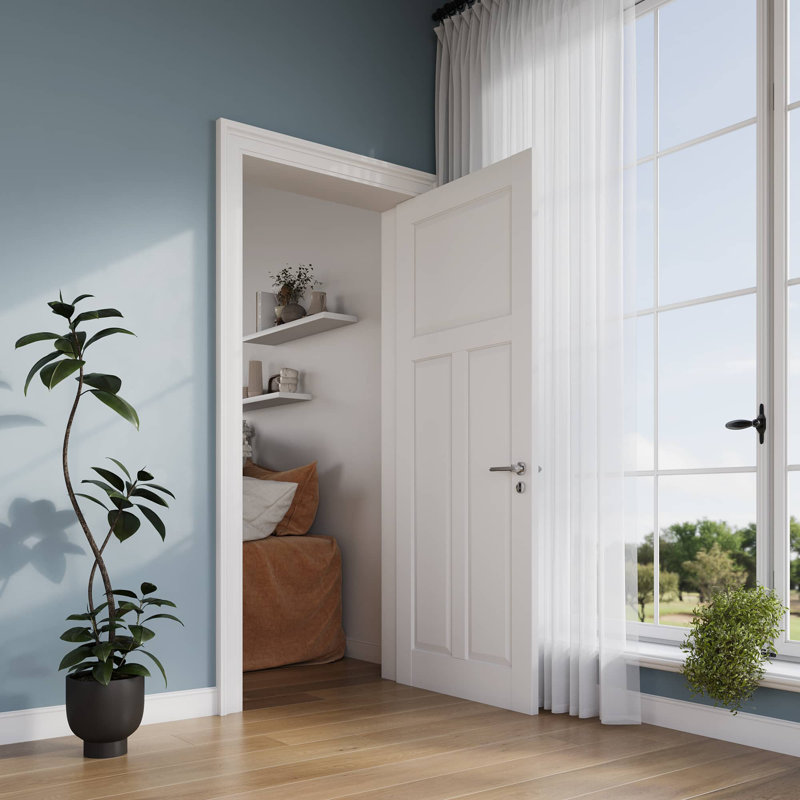 32'' X 80''H T Shape 3 Panel Paneled Wood Primed Shaker Standard Solid Core Interior Door Slab Door, 32" x 80"