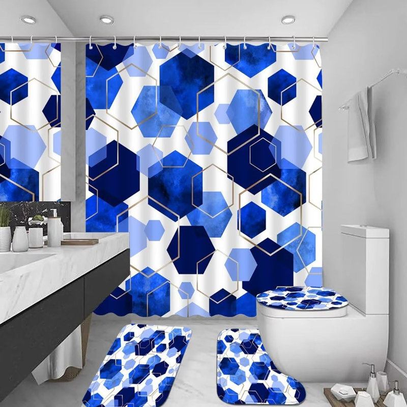 Ensemble de rideau de salle de bain bleu, 4 pièces, art moderne, rideau de douche géométrique avec 12 crochets, imperméable, occultant, L 70,8 pi x l 70,8 pi