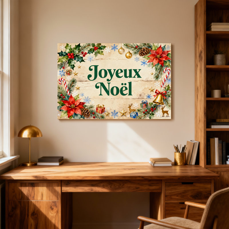 Couronne de Noël avec poinsettias et clochettes, H 16 po x l 24 po