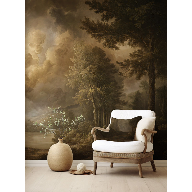 Papier peint paysage de forêt Moody avec peinture à l'huile rétro, L 40 po x l 60 po