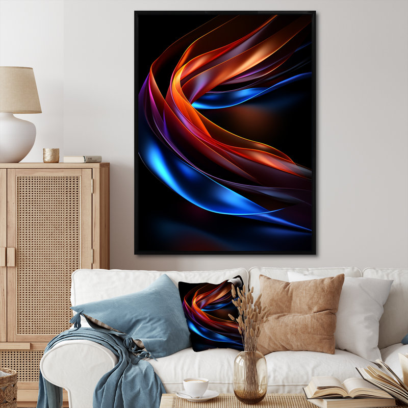 Contemporain, vagues abstraites bleues et rouges - Art abstrait mural encre liquide, salon, H 32 po x l 16 po x P 1 po