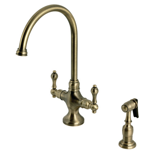 KINGSTON BRASS Magellan Twin Lever Kitchen Faucet With Sprayer - Polished Chrome, 8-3/4 Inch