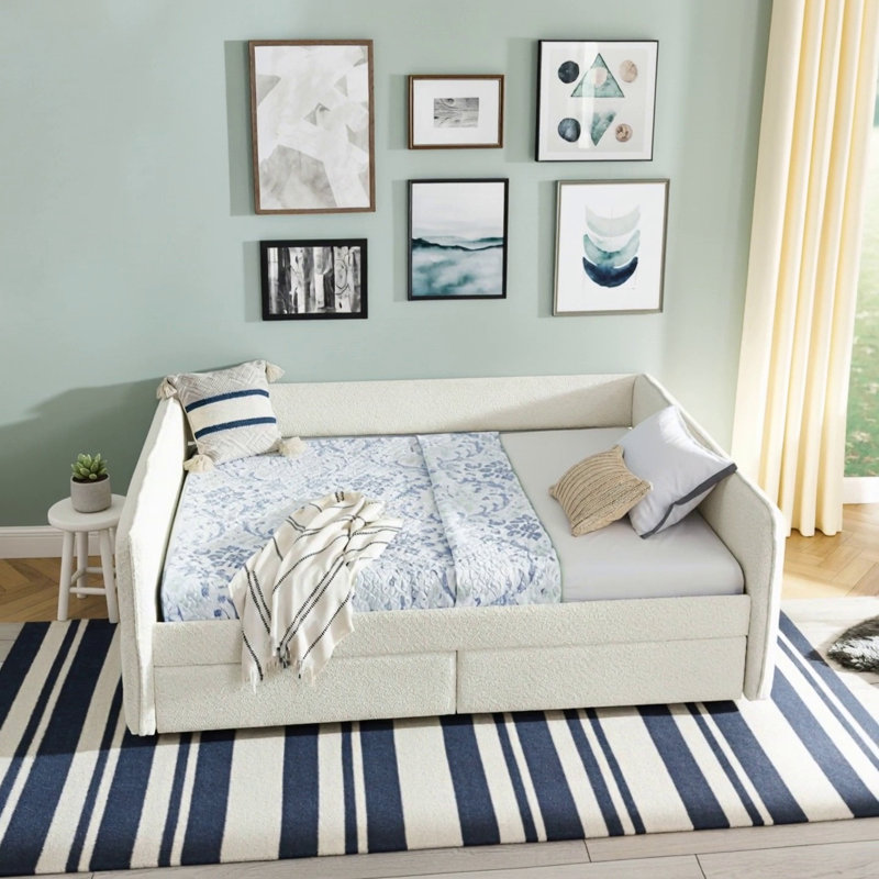 Queen Size Daybed With Two Drawers Trundle, Upholstered Sofa Bed In Vertical Stripes Linen Fabric For Modern Comfort And Storage