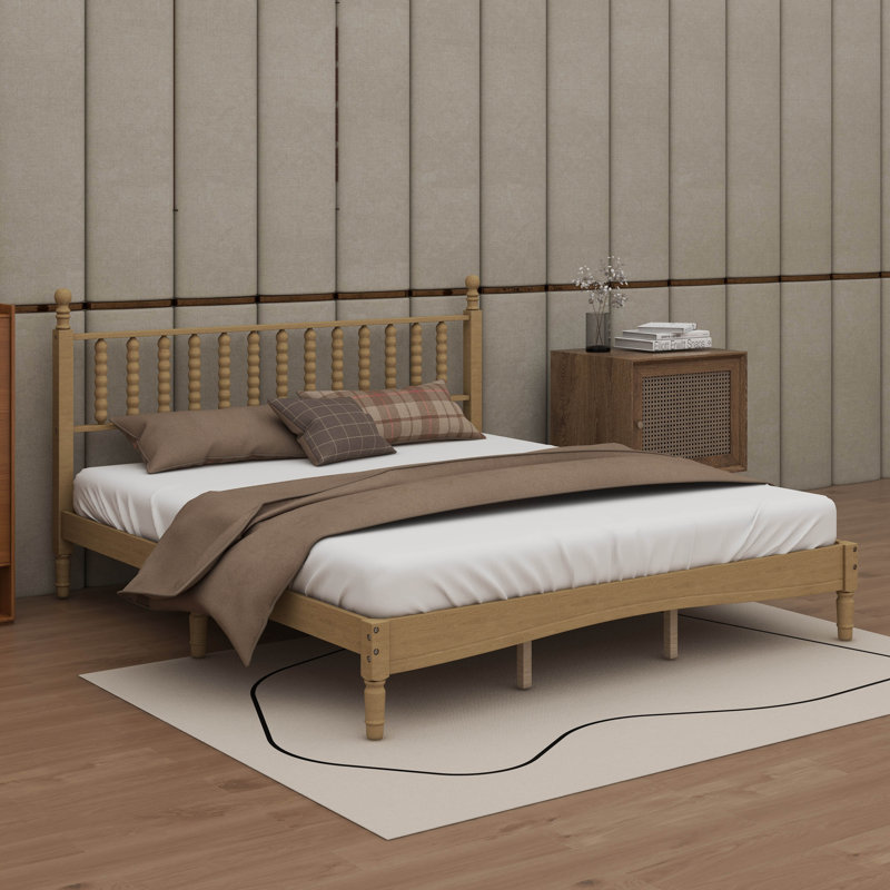 Base de lit en bois avec tête de lit en forme de gourde, lit plateforme avec support en lattes de bois, Très grand lit