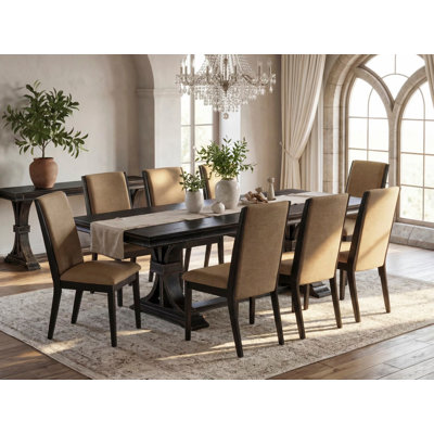 9-piece kitchen set includes a kitchen table & 8 Light Sable Linen Fabric dining chairs & black legs with Upholstered Back - Sand Blasting Black finish.