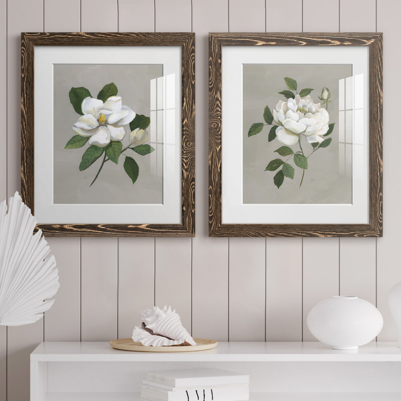 Magnolia botanique - ensemble de 2 reproductions d'art, H 20 po x l 17 po x P 1 po, Papier, cadre noyer, Blanc